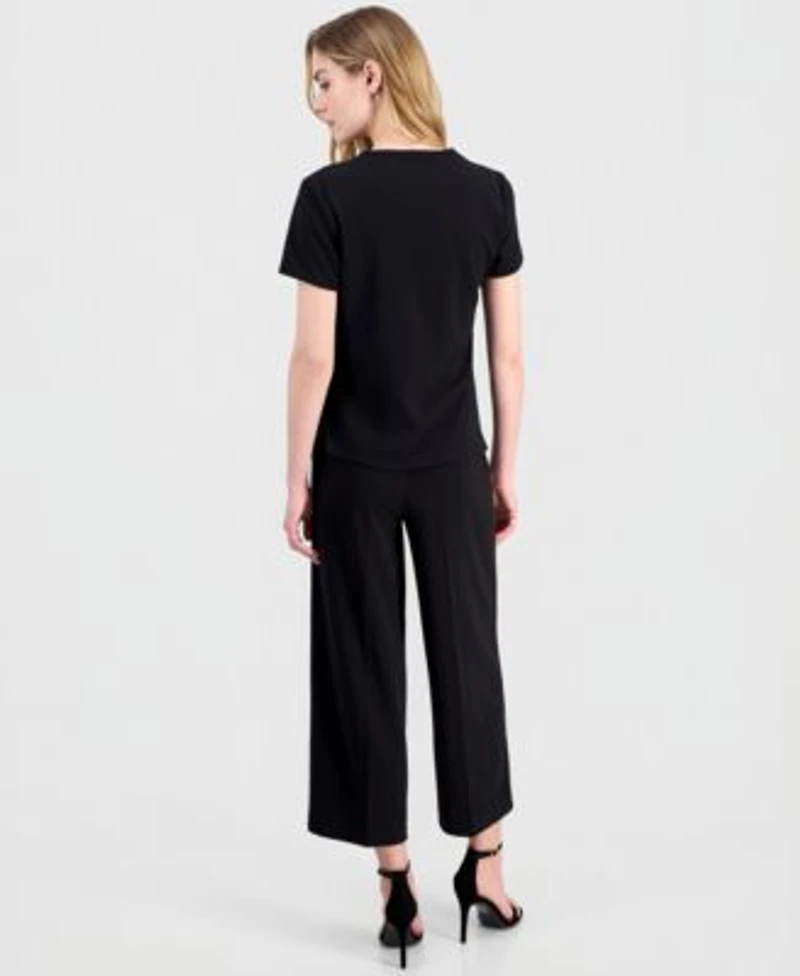 Anne Klein Womens Draped Front Short Sleeve Top Cropped Wide Leg Pants