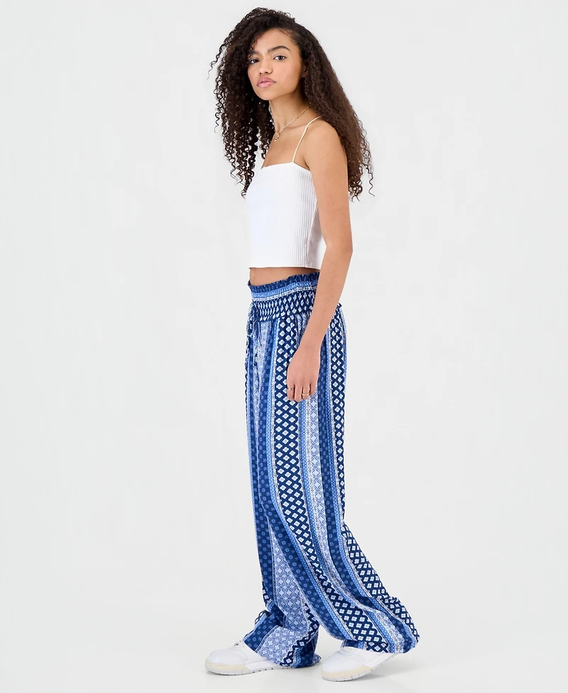 Kingston Grey Juniors' Printed Smocked Wide-Leg Pants