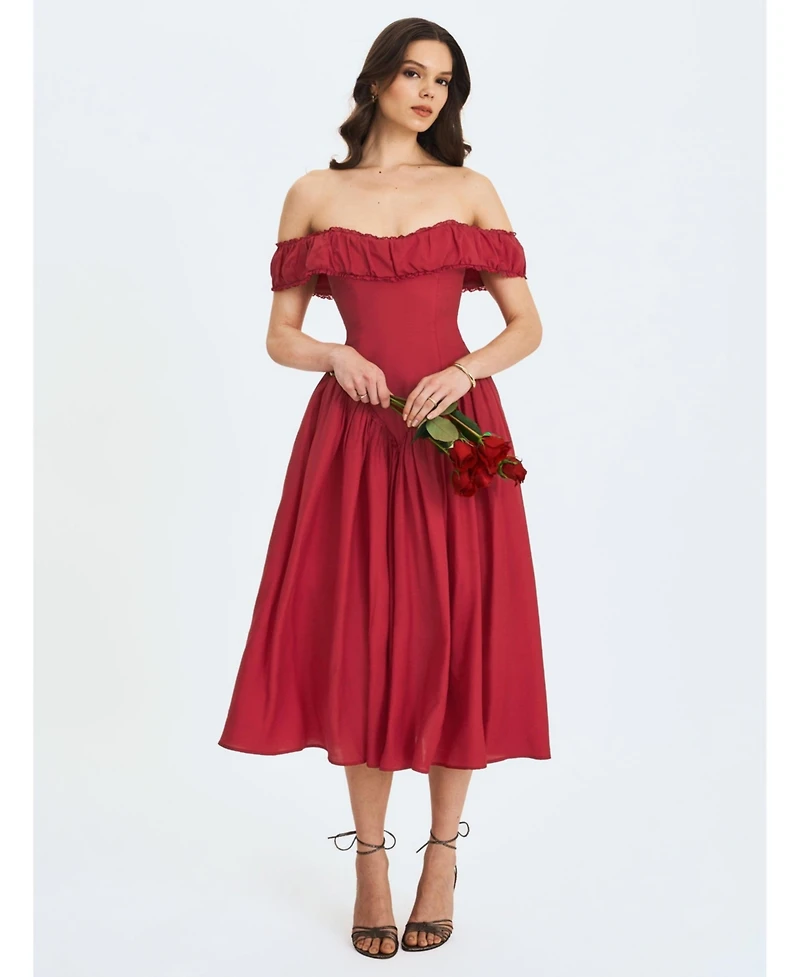 Miss Circle Women's Xavy Crimson Off-Shoulder Corset Midi Dress