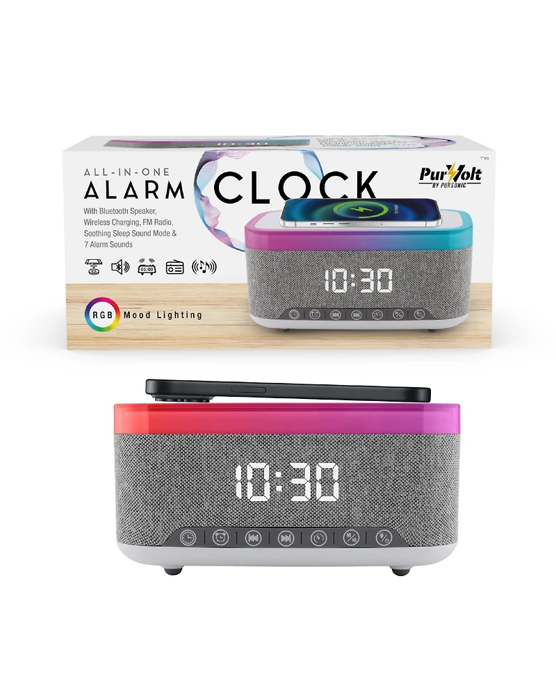 Pursonic Complete Wireless Audio & Charging Bundle – Alarm Clock Radio Speaker with Wireless Charger + Earbuds