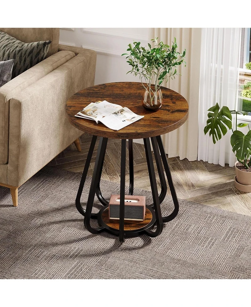 Tribesigns Small Round Side Table, 2-Tier Sofa End Table with Metal Frame and Lower Shelf, Wooden Bedside Nightstand, Vintage Brown & Black