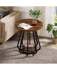 Tribesigns Small Round Side Table, 2-Tier Sofa End Table with Metal Frame and Lower Shelf, Wooden Bedside Nightstand, Vintage Brown & Black