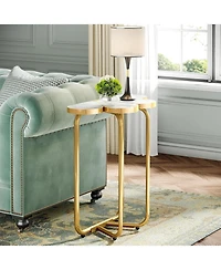 Tribesigns Narrow Side Table Set of 2, Half-Flower Accent Side Table with Stylish Gold Frame, 26-Inch Tall Faux Marble Nightstand