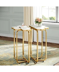 Tribesigns Narrow Side Table Set of 2, Half-Flower Accent Side Table with Stylish Gold Frame, 26-Inch Tall Faux Marble Nightstand