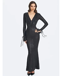 Miss Circle Women's Ilysia Black V-Neck Plunge Snakeskin Mermaid Hem Maxi Dress