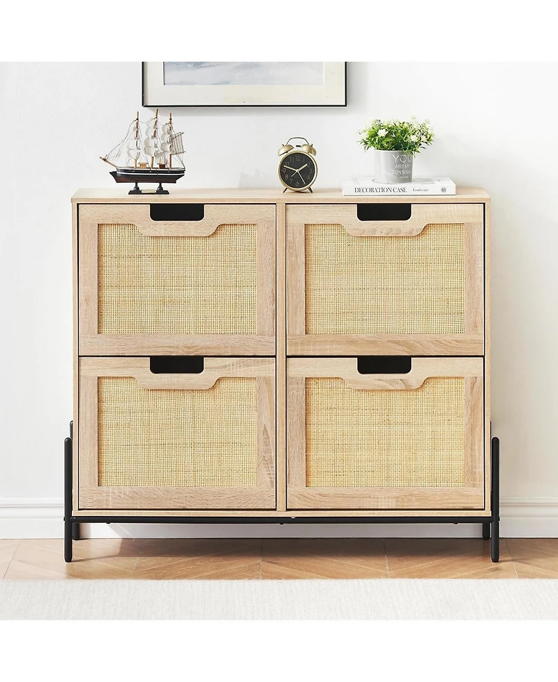 gaomon Rattan Shoe Storage Cabinet with 4 Flip Drawers, Freestanding Organizer Adjustable Shelves for Entryway, Narrow Rack Cabinet,