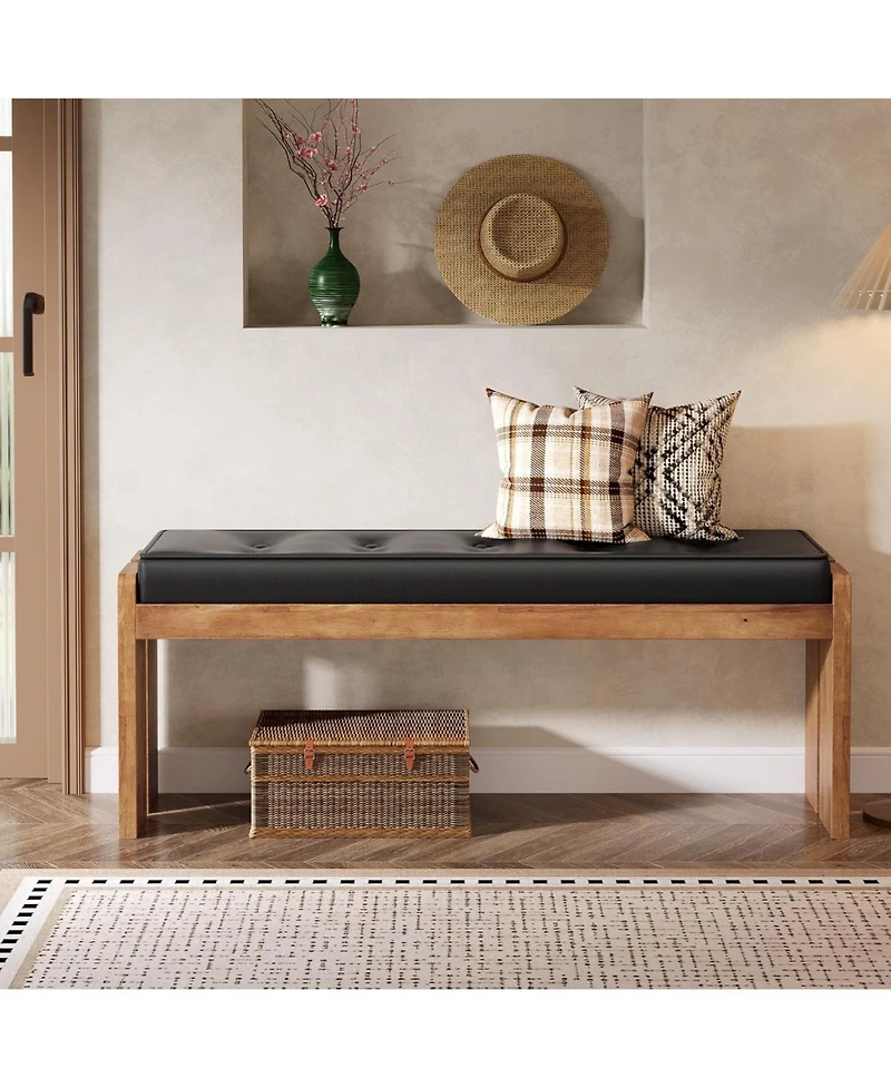 Tribesigns 47-Inch Solid Wood Entryway Bench, Modern End of Bed Bench with Button-Tufted Leather Pad and Wooden Legs