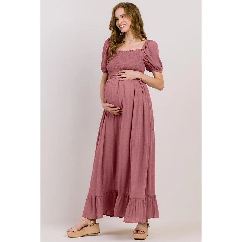 Hello Miz Maternity Smocked Swiss Dot Maxi Dress with Side Slit