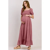Hello Miz Maternity Smocked Swiss Dot Maxi Dress with Side Slit