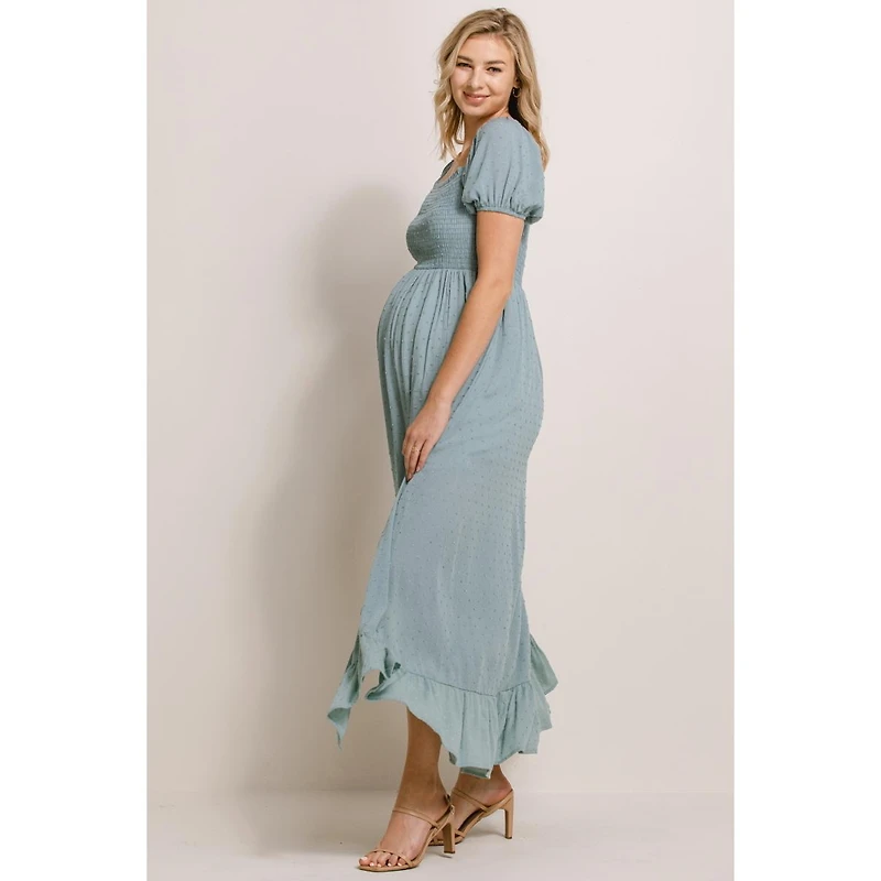 Hello Miz Maternity Smocked Swiss Dot Maxi Dress with Side Slit