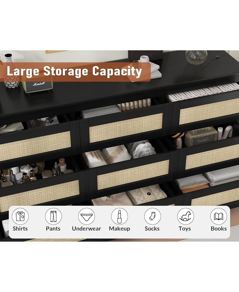 gaomon Rattan 9 Drawer Charging Station Dresser