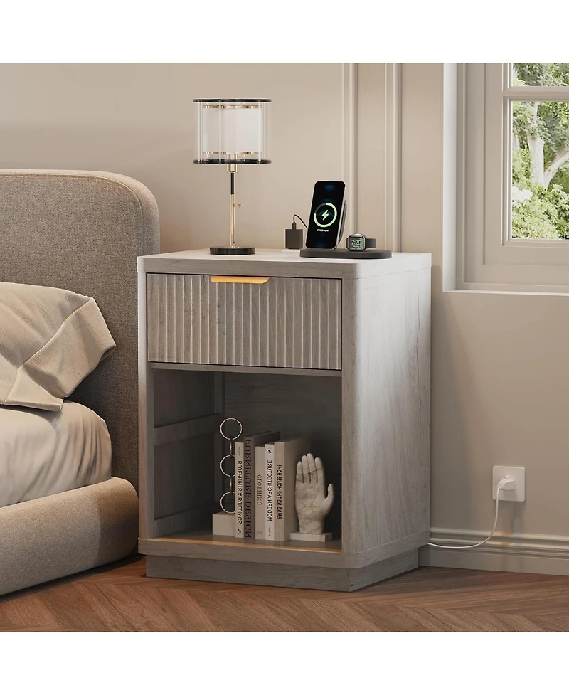 gaomon Fluted Nightstand with Charging Station, Mid Century Modern Fluted Nightstand