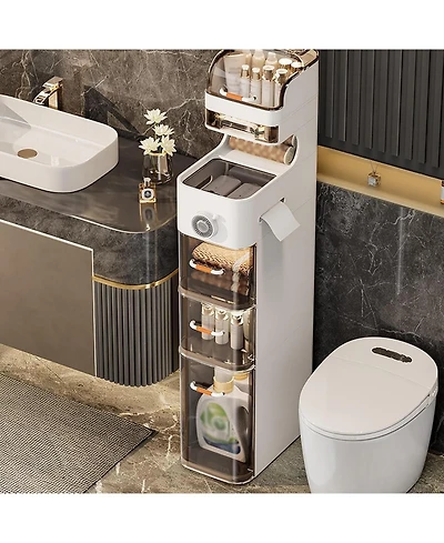 gaomon 7-Tier Waterproof Plastic Storage Cabinet,Narrow Bathroom Storage with Transparent Doors, Tissue Holder & Flip-Top Compartment