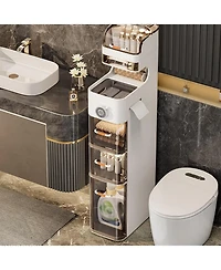 gaomon 7-Tier Waterproof Plastic Storage Cabinet,Narrow Bathroom Storage with Transparent Doors, Tissue Holder & Flip-Top Compartment