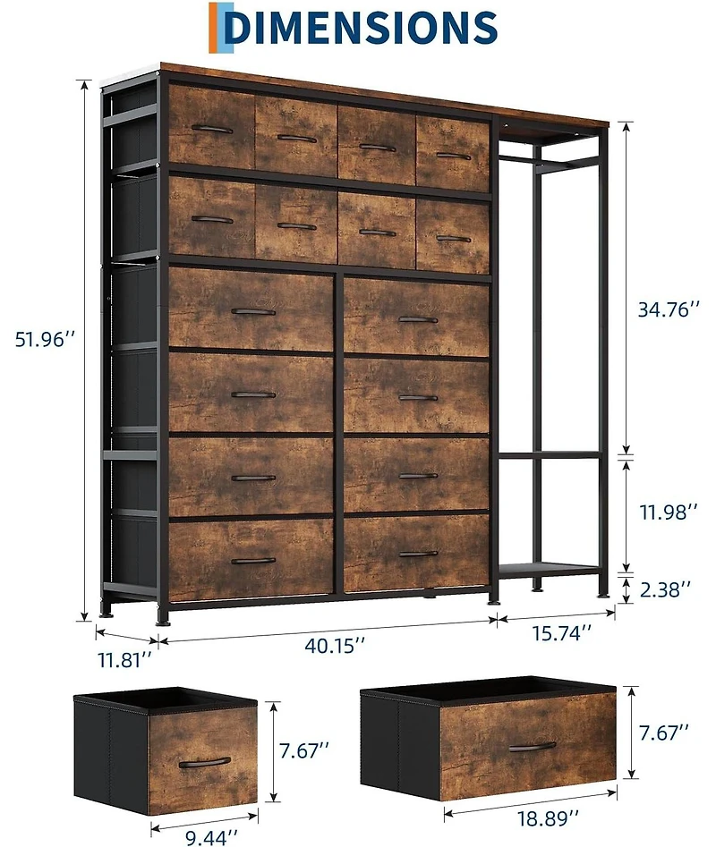gaomon Large Clothes Storage Rack 16-Drawer & 2-Tier Shelves - Space Saving Freestanding Wardrobe for Small Bedroom/Apartment | No Assembly Needed