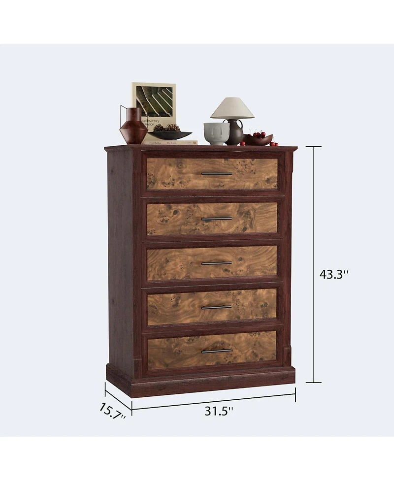 gaomon Brown 5 Drawer Dresser for Bedroom, Farmhouse Tall Chest of Drawers with Metal Handles, Rustic Wooden Dresser for Living Room
