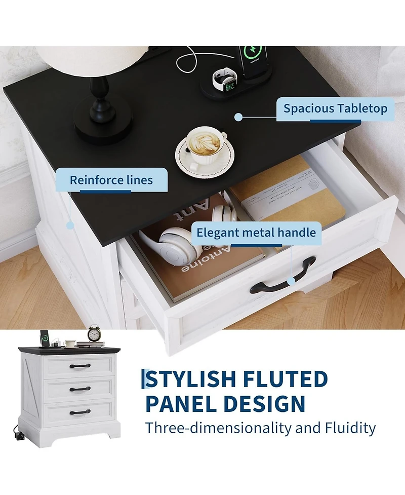gaomon Modern Farmhouse Wood Nightstand Set of 2 with Charging Station & 3 Large Drawers