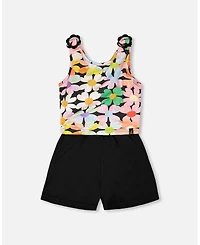 Deux par Girl Sleeveless Jersey Jumpsuit Black Printed Flowers - Child