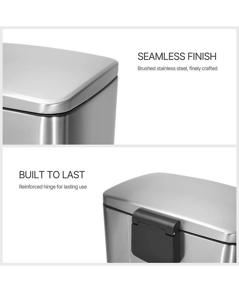13.1 Gal./50 Liter Stainless Steel Step Trash Can with Soft-Close Lid, Rectangular Pedal Garbage Bin for Kitchen, Office, or Bathroom