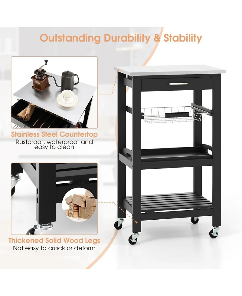 Volenca Kitchen Island Cart with Stainless Steel Top and Storage Basket, Rolling Trolley