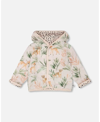 Deux par Baby Girls Muslin and Cotton Jersey Reversible Hooded Jacket Peach Deer/Leopard Print