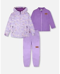 Deux par Girl 3-in-1 Two-Piece Mid-Season Outerwear with Solid Pants Set Purple Daisy Print - Toddler