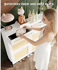 Gaomon Rattan Shoe Cabinet with 4 Flip Drawers & 2 Top Drawers, Slim Wooden Freestanding Organizer Adjustable Shelves