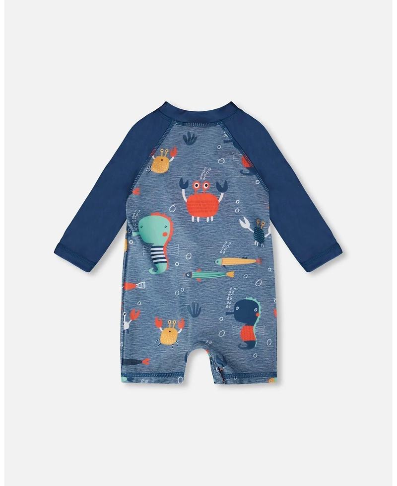 Deux par Deux Baby Boys One-Piece Long Sleeve Rashguard Blue Printed Marine Animals