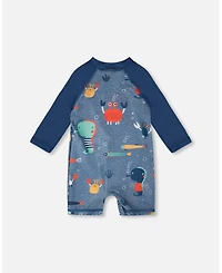 Deux par Deux Baby Boys One-Piece Long Sleeve Rashguard Blue Printed Marine Animals