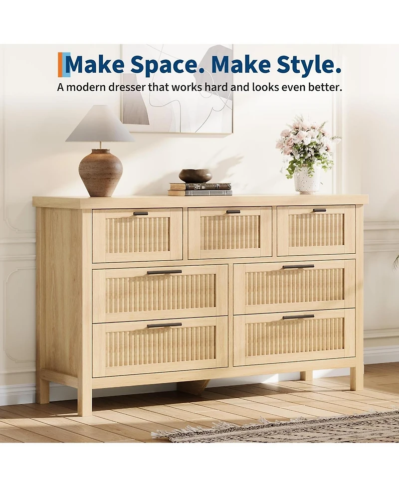 gaomon Fluted 7 Drawers Dresser for Bedroom, 47.4 Inch Wide Wood Chest of Drawers, Large Clothes Storage Cabinet Tv Stand for Nursery, Living Room