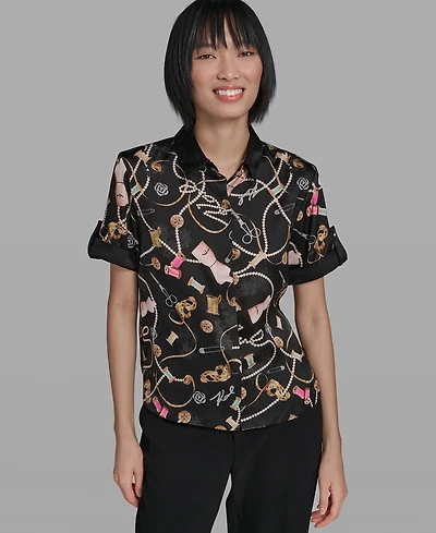 Karl Lagerfeld Paris Women's Printed Camp Collared Shirt