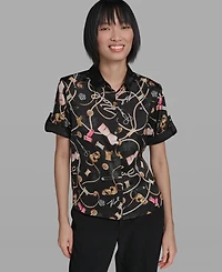 Karl Lagerfeld Paris Women's Printed Camp Collared Shirt