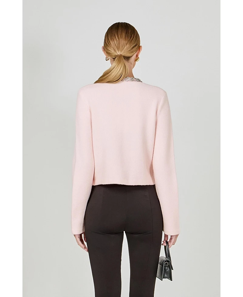 endless rose Women's Boucle Knit Jewel Trim Sweater Cardigan