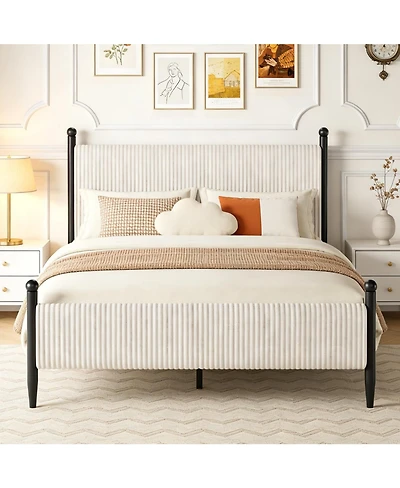 gaomon Bed Frame with Vertical Stripes headboard, Corduroy upholstered Bed upholstered Bed Frame with Vintage Metal Legs
