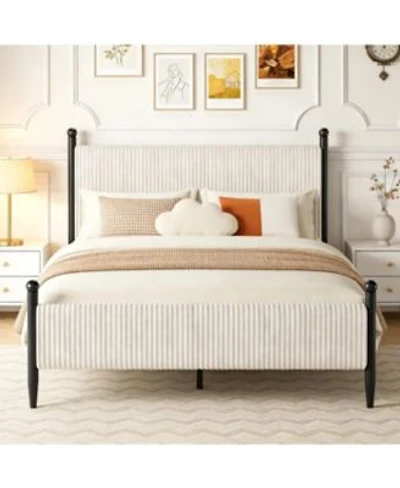 Gaomon Bed Frame With Vertical Stripes Headboard Corduroy Upholstered Bed Upholstered Bed Frame With Vintage Metal Legs No Box Spring Needed
