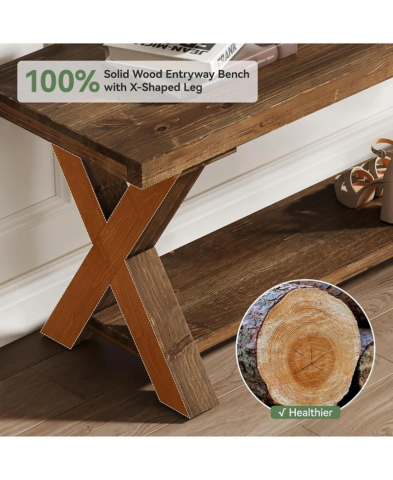Tribesigns 43.3" Solid Wood Bench, Farmhouse Wooden Entryway Bench with Storage Shelf, X-Shaped Leg Design, Entry Way Shoe Benches Seat