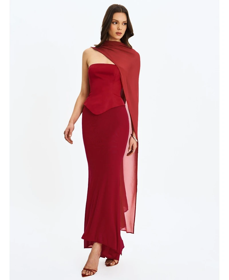 Miss Circle Women's Giselle Crimson Peplum Mermaid Gown with Chiffon Scarf