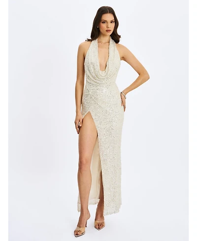 Miss Circle Women's Niamh Golden Beaded Cowl Halter Backless Maxi Dress