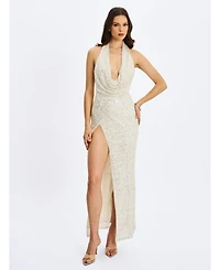 Miss Circle Women's Niamh Golden Beaded Cowl Halter Backless Maxi Dress