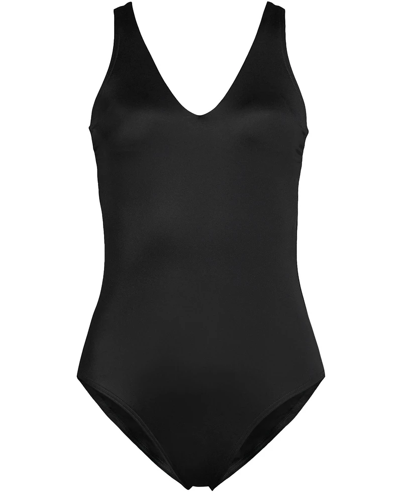 Lands' End Petite Tugless V-Neck High Leg One Piece Swimsuit