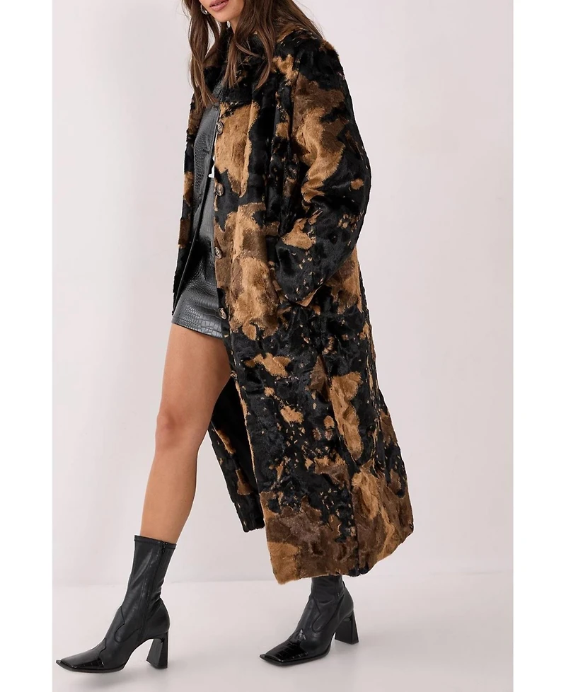 Nasty Gal Women's Cow Print Faux Fur Longline Coat