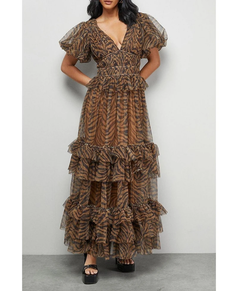 Warehouse Women's Zebra Print Tulle Ruffle Maxi Dress