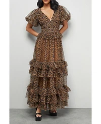 Warehouse Women's Zebra Print Tulle Ruffle Maxi Dress