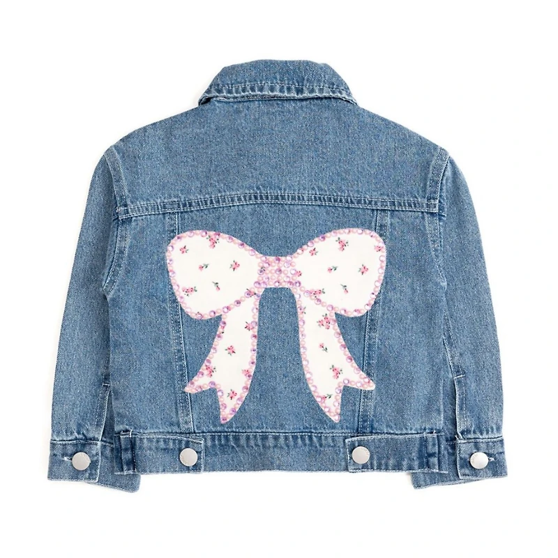 Sweet Wink Big Girls Pearl and Gemstone Floral Bow Patch Denim Jacket