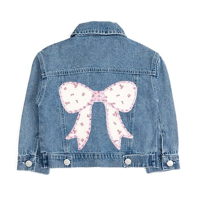 Sweet Wink Big Girls Pearl and Gemstone Floral Bow Patch Denim Jacket