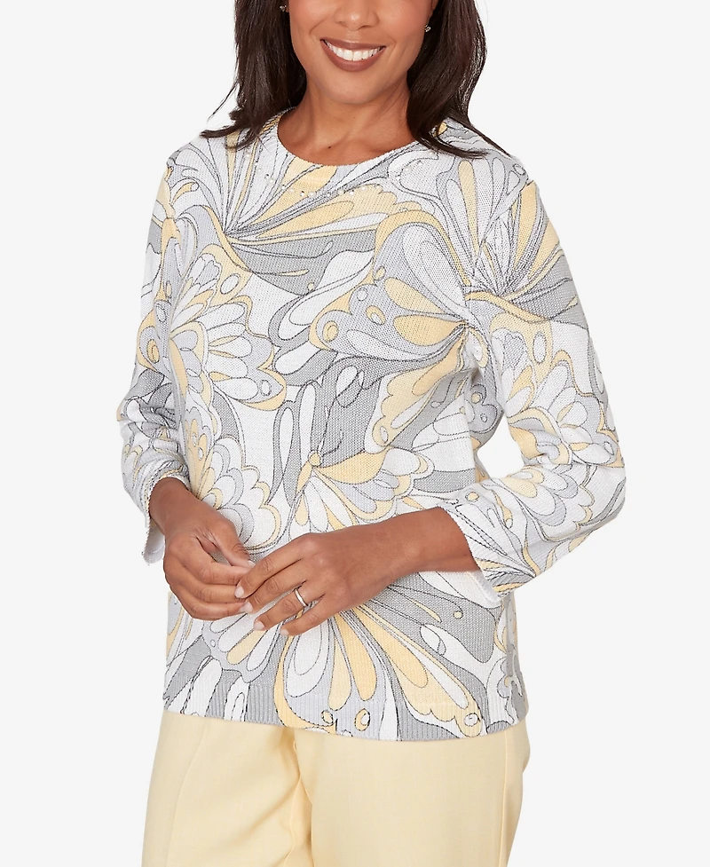 Alfred Dunner Women's Al Fresco Abstract Butterfly Ribbed Crew Neck Sweater