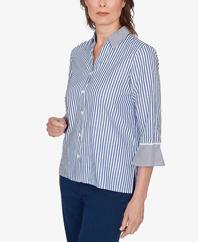 Alfred Dunner Women's Mykonos Mixed Stripe Button Front Lace Trim Top