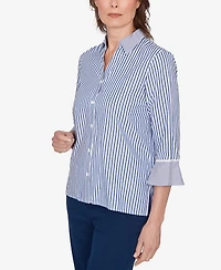 Alfred Dunner Women's Mykonos Mixed Stripe Button Front Lace Trim Top