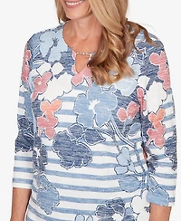 Alfred Dunner Women's Austin Stripe Floral Split Neck Knit Top