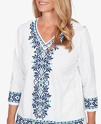 Alfred Dunner Women's Mykonos Scroll Embroidered V Neck Top